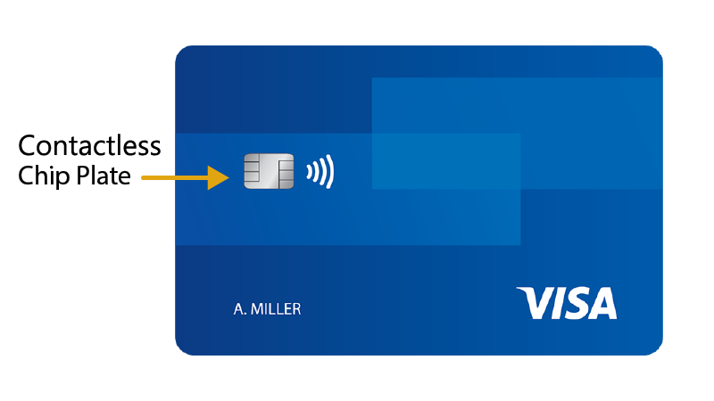 Front of Visa chip-enabled credit card with arrow pointing to the chip plate.