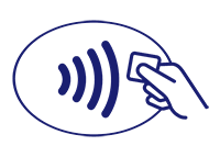 biểu tượng chạm để thanh toán bao gồm bốn bước sóng và bàn tay cầm thẻ trong hình ô van
