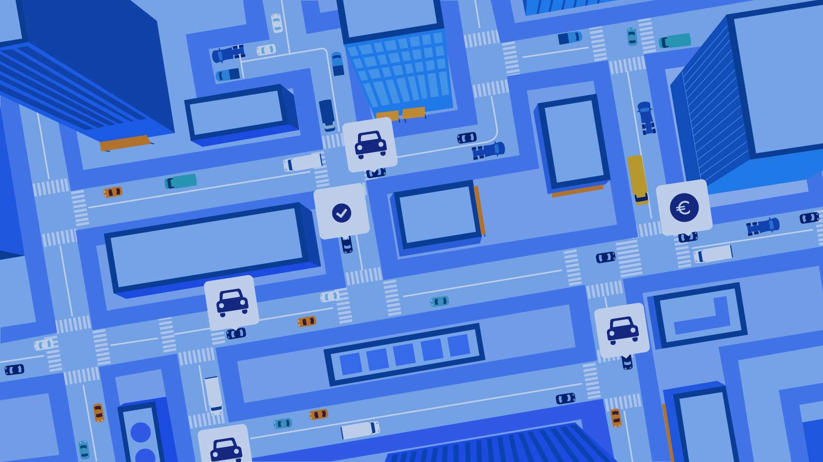 An illustration of an overhead view of ridesharing options on city streets.
