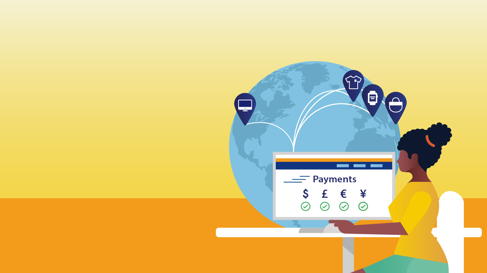 A conceptual illustration that depicts a woman sending payments across the globe from her computer.
