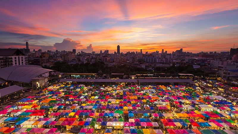 Aerial view of flea market with beautiful sky after sunset
