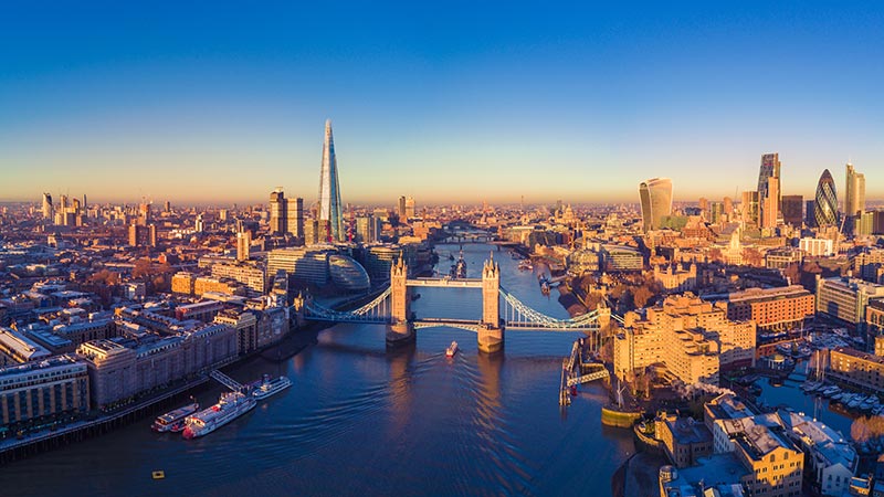 Aerial panoramic cityscape view of London and the River Thames, England, United Kingdom